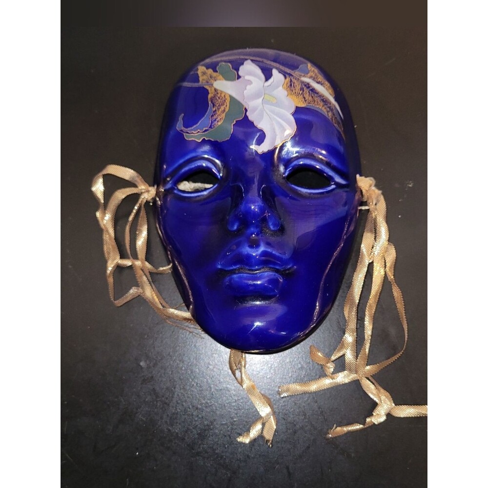 Vintage Cobalt Blue Ceramic Pierrot Masquerade Mask - Gold Floral Detail